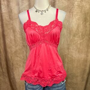 Vintage 60s Lace Cami Tank Top Red Lingerie Slip Empire Waist Romantic Coquette